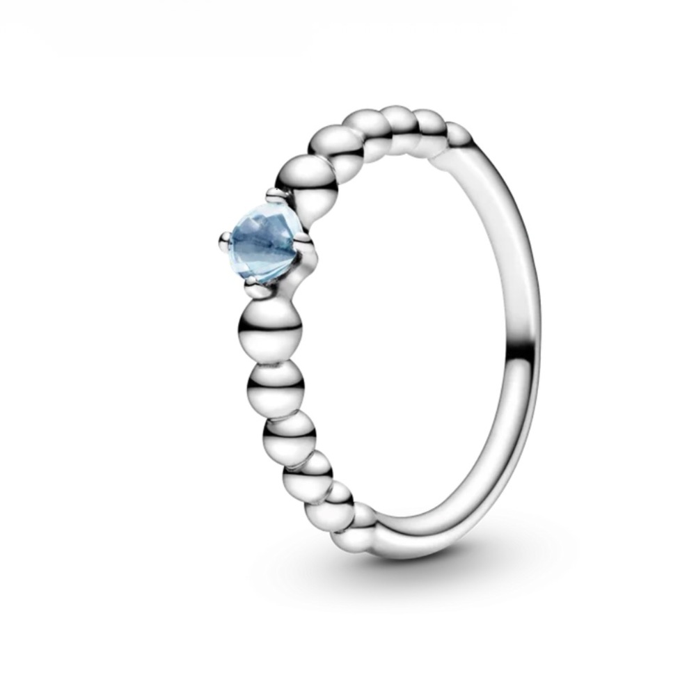 Pandora Silver Ring with Aqua Blue Gem March Birthstone Ring Aquamarine